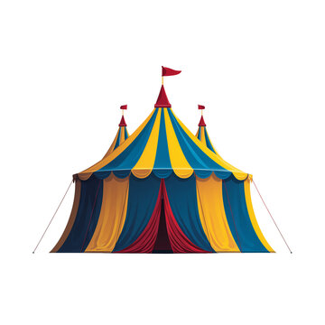 Vibrant circus tent with colorful stripes and decorative flags isolated on transparent background