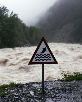 Warning sign marks dangerous rising floodwater in a misty mountain gorge, symbolizing El Nino driven rainfall, flash flooding and increasing climate hazards