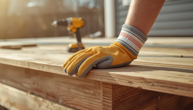 Closeup of a gloved hand resting on a wooden deck during construction work, with a drill in the background