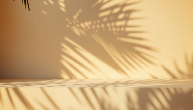 Minimalist beige podium with tropical palm leaf shadow for product presentation