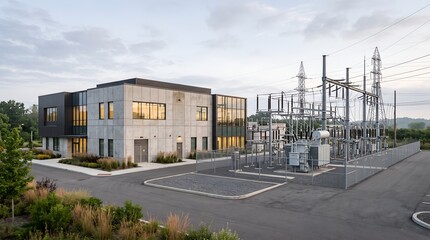 Naklejka premium Modern industrial electrical substation and concrete building exterior view