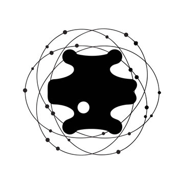 Minimalist abstract atom logo, black geometric science symbol, modern tech icon with orbital paths and central nucleus
