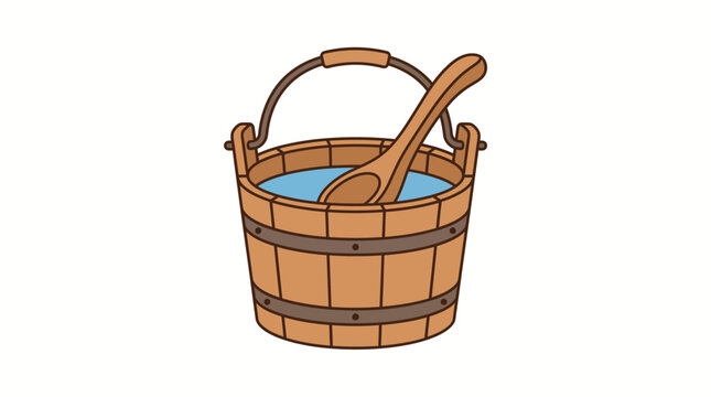 Wooden sauna bucket and ladle vector illustration isolated on white background