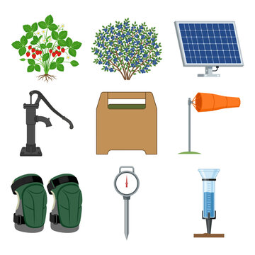 Agricultural and Scientific Equipment Icons for Farming Research and Environmental Monitoring