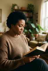 Naklejka premium Mindfulness and self care, woman reading a book at home for relaxation and mental health in a cozy living room with plants and natural light