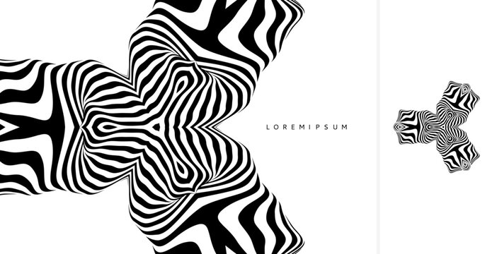 A striped pattern with an optical illusion effect. An emblem or geometric symmetrical figure for your design. 3D illustration for a brochure, postcard, cover, poster, presentation, flyer, or banner.