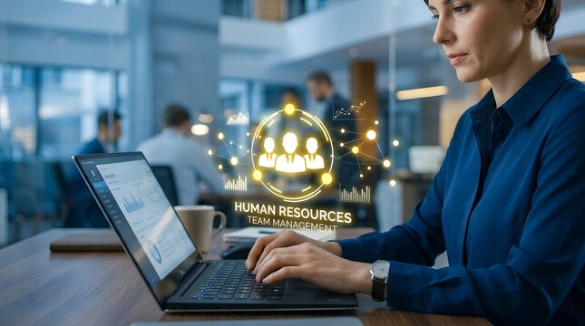 Professional woman using laptop with digital human resources management interface in office