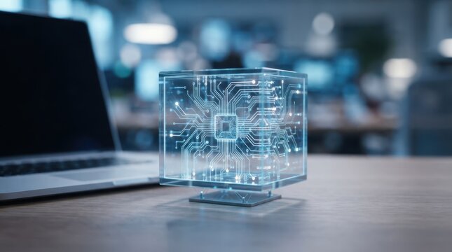 Transparent AI governance concept with glass cube, circuit traces, and laptop