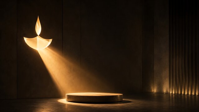Minimalist diya lamp hanging with light beam casting on a round pedestal stage