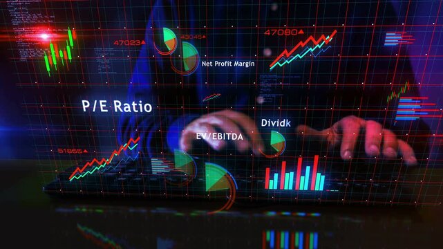 Stock market indices ebitda ratio charts and graphs diagram with man typing computer keyboard. Digital analysis and report on 3d screen display.