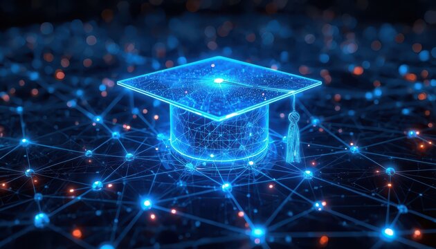 Digital graduation cap on glowing blue network background