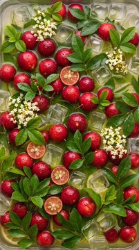 Overhead macro background of red Triphasia trifolia limeberry fruits submerged in juice with leaves, ice, and white flowers. Refreshing herbal