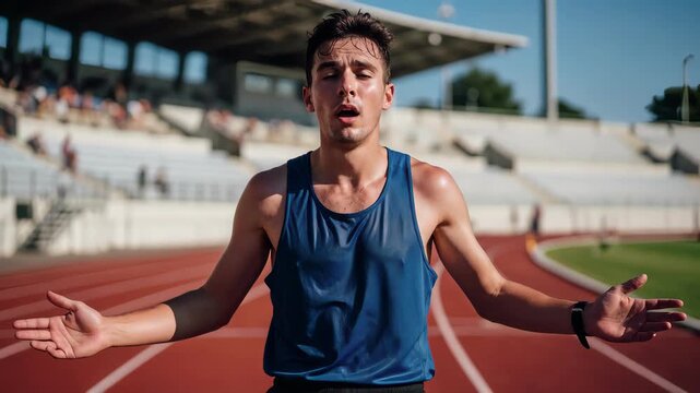 Surprised male runner on an outdoor track. Athlete showing a gesture of disbelief and shock with open arms