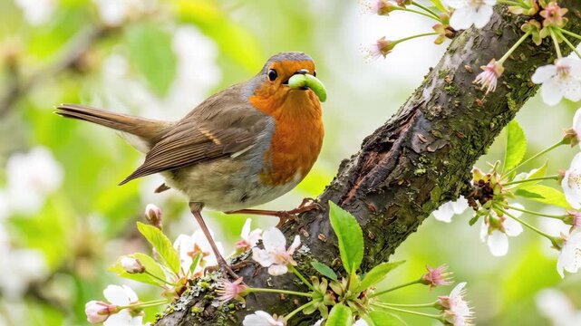 European Robin bird holding a green caterpillar in its beak. Small songbird perched on a blossoming tree branch in spring. Wildlife feeding and nature concept
