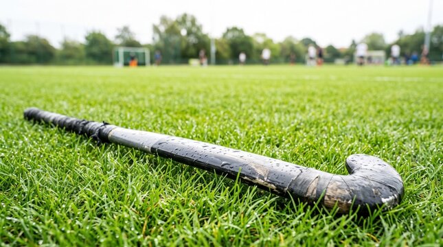 Wet hockey stick on grass field with blurred players practicing in background. Hockey stick rests on lush green grass, showcasing sports equipment in action-oriented environment.