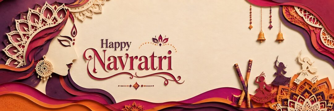 Happy navratri festive banner background with traditional goddess illustration