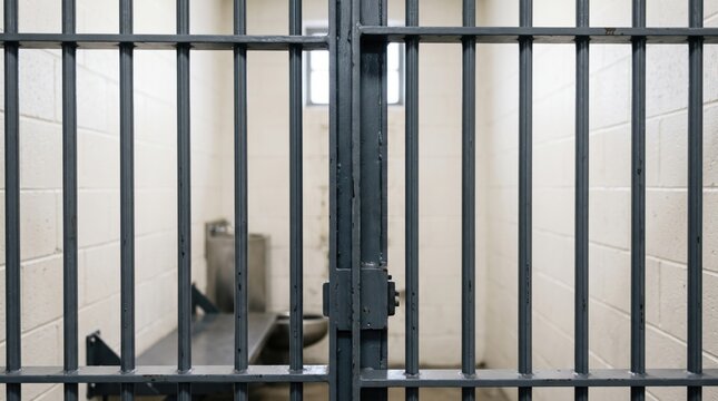 Police station holding cell with bars and empty interior, featuring steel bed and toilet fixture. Police station includes stark environment, harsh lighting, and isolation aspects.