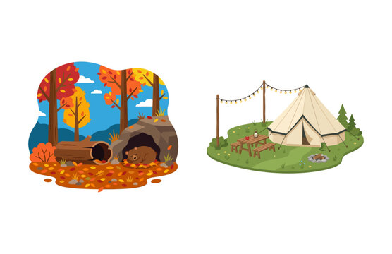 Autumn Forest Bear Den and Glamping Tent Campsite Outdoor Activity Vector Set