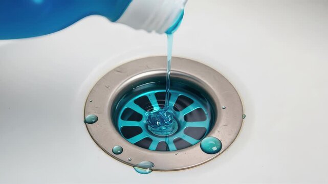 Pouring thick blue drain cleaner liquid into a metal bathtub drain. Close-up of chemical gel flowing into a sink hole. Household plumbing maintenance and unclogging concept