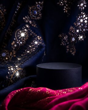 Dark podium product display stage with embroidered blue fabric and magenta drapery for navratri