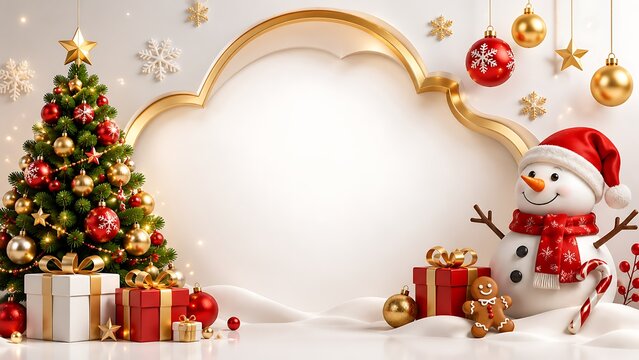Christmas background with decorated tree and snowman framing an empty golden arch christmas background decoration ornament gingerbread greeting