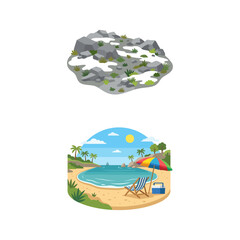 Naklejka premium Scenic Summer Beach Vacation Landscape and Rocky Mountain Terrain Nature Illustration Set