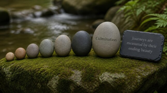 Structured arrangement of seven perfectly smooth hand-sized river stones on mossy rock, gigapixel high-fidelity v2-6x