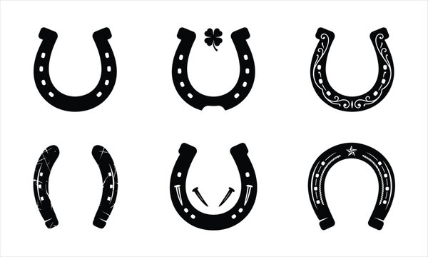 Horseshoe icons set with lucky clover and star elements for equestrian branding or fortune teller projects.