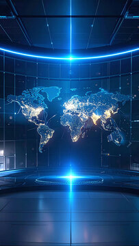 An empty futuristic command center features a glowing digital world map hologram, evoking a sense of global connectivity, cyber security, and advanced technology with no people.