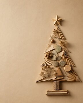 Minimalist christmas tree made of natural wooden elements and paper ornaments on beige textured background with christmastree christmas minimalist