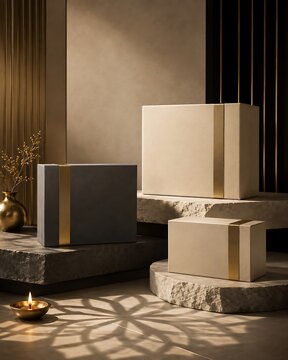 Luxury minimalist podium display with decorative boxes and lit oil lamp for product presentation minimalist presentation background platform
