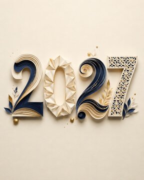 Three-dimensional paper art numbers 2027 decorated with blue and gold elements on a light background decorative celebration greeting template
