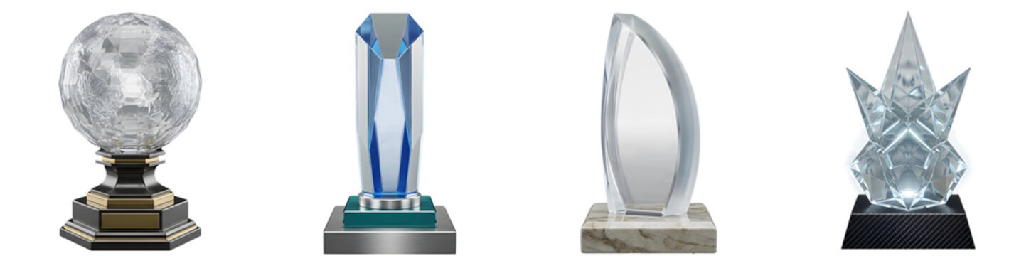 Modern glass crystal awards trophy set with globe, prism, curved blade, star geometry shapes isolated on transparent PNG background