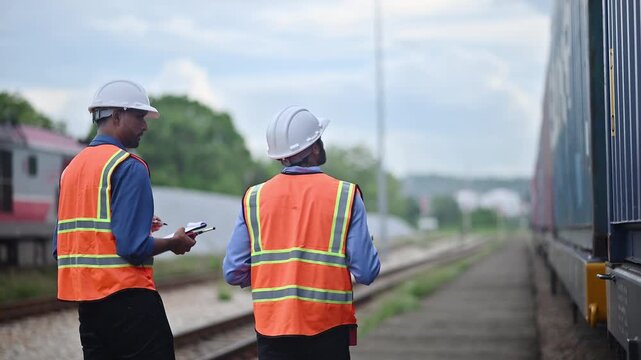 Portrait engineer under inspection and checking construction process railway switch and checking work on railroad station .Engineer wearing safety uniform and safety helmet in work.	