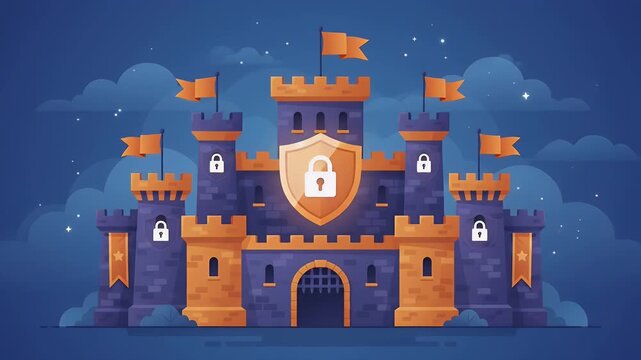 Cyber security castle with padlock shields and flags