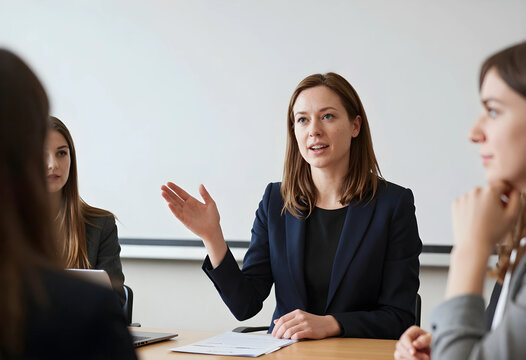 Corporate collaboration and team communication, professional woman leading a business meeting with colleagues in a modern office boardroom environment