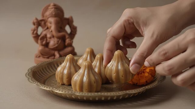Traditional modak sweets placed on brass plate for festival