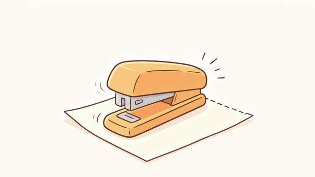 Vibrant yellow cartoon stapler on white paper with motion lines and sound effects