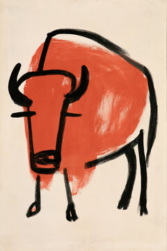 Minimalist bull painting with bold black strokes and red body