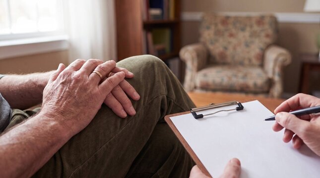 Elderly man's clasped hands during counseling session with clipboard notes