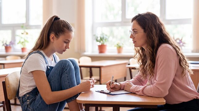 Caring teacher counseling upset teenage girl in empty classroom