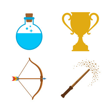 Set of flat icons including a potion bottle, gold trophy, bow and arrow, and a magic wand