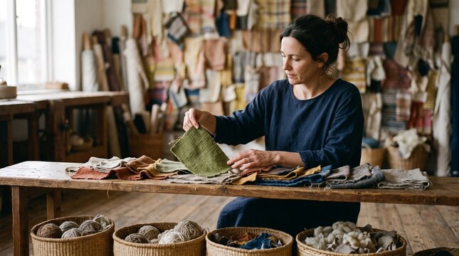 Artisan choosing earth-tone fabric for a patchwork wall