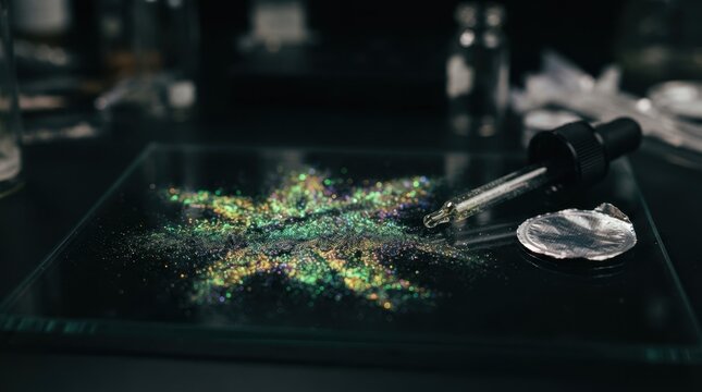 Iridescent nanocrystal powder on black glass beside a precision dropper and foil seal.