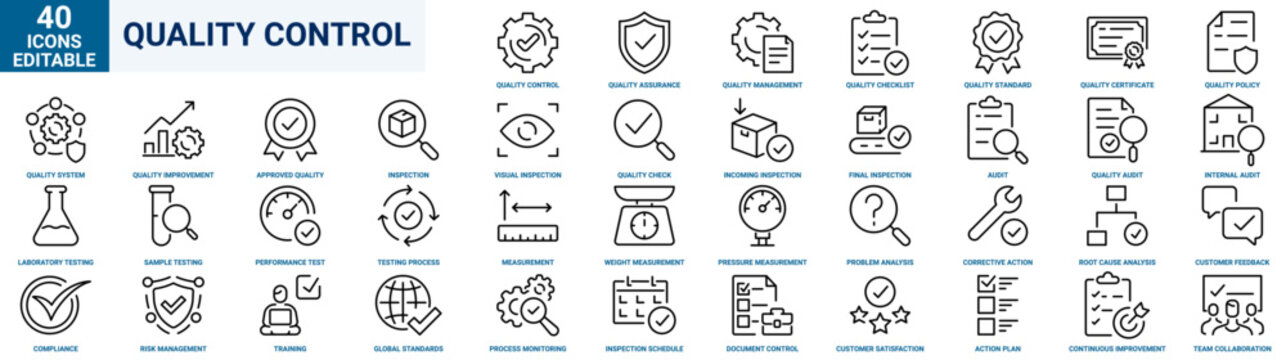 Quality Control Outline Icons &ndash; 40 Linear Vector Icons. Editable Stroke