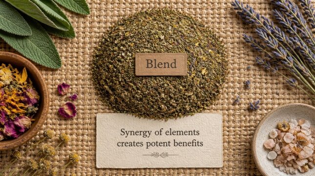 Flat lay of finely crushed aromatic herbs blended into a gigapixel high-fidelity image v2-6x