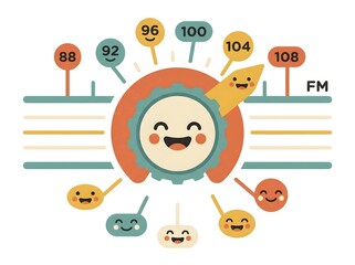 Fototapeta premium Retro radio dial with smiling frequency indicators on a white background, illustration