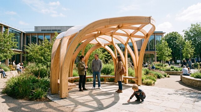 Visitors gather beneath a finished timber pavilion
