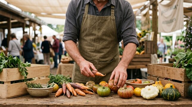 Chef selects heirloom vegetables at a farm market