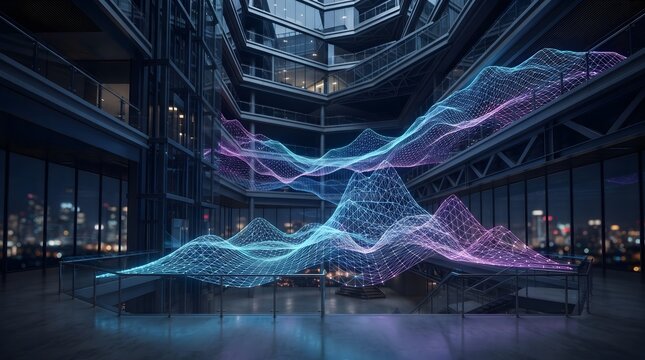 Futuristic digital data flow in modern server room with neon wireframe visualization